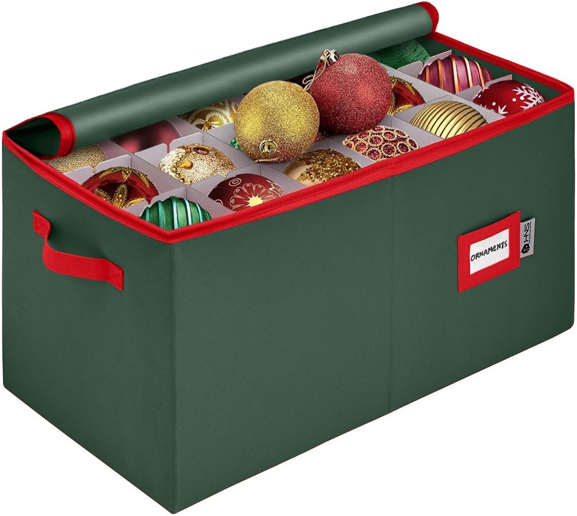 Christmas Ornament Storage Container with Dividers - Box Stores Up to 54 Ornaments. Zippered. Convenient. Adjustable. Large Organizer Bin to Protect Holiday Décor. Fits Most Standard Size. Green