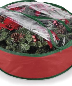 Whitmor Red Wreath and Garland Storage Bag – Fits up to 30 Wreath. Tear-Resistant PE Material with Clear Top. Reinforced Handles & Zipper for Artificial Wreath. Garland and Holiday Decor Organization